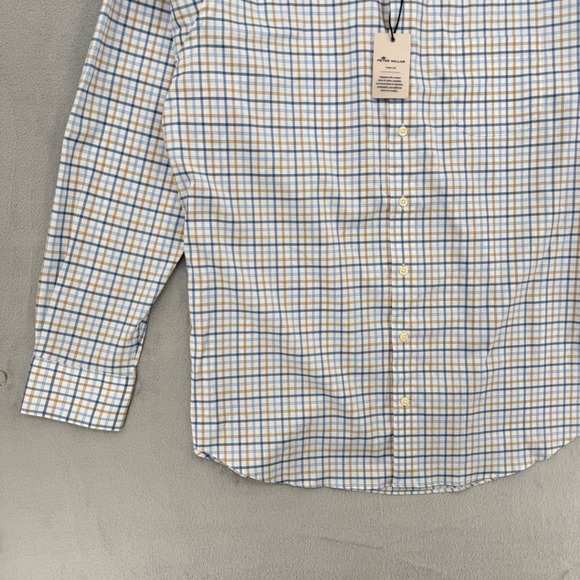 Peter Millar Crown Lite Mens Blue Tan Plaid Button Down Shirt Casual Size XL - Picture 9 of 16
